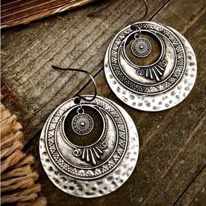 NWT- Lightweight, textured silver plated round Bohemian Statement Earrings